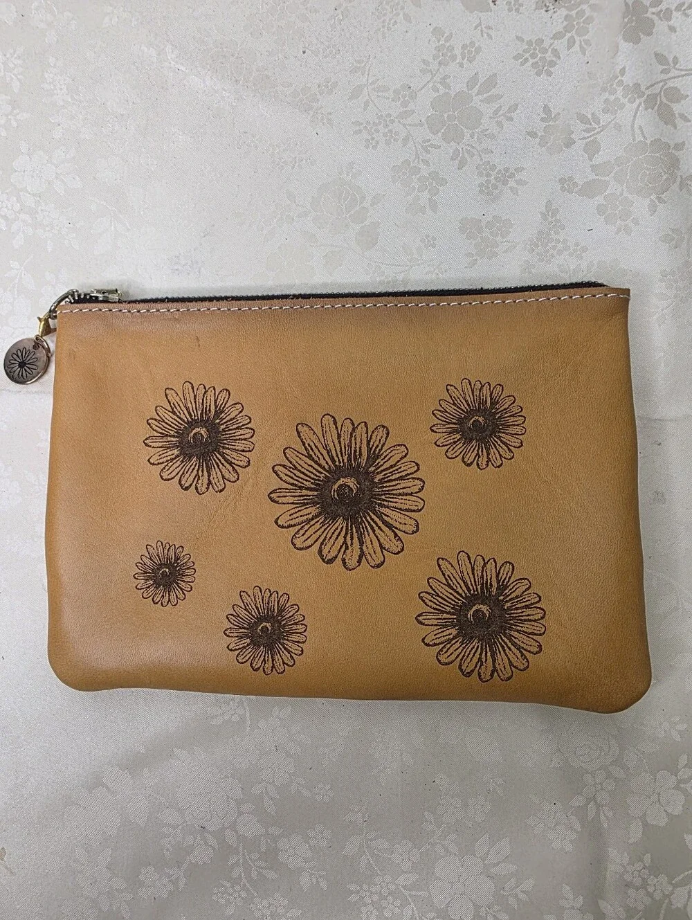 Designs by Planner Perfect Daisy Engraved Leather Pouch Makeup Planner Bag Tan
